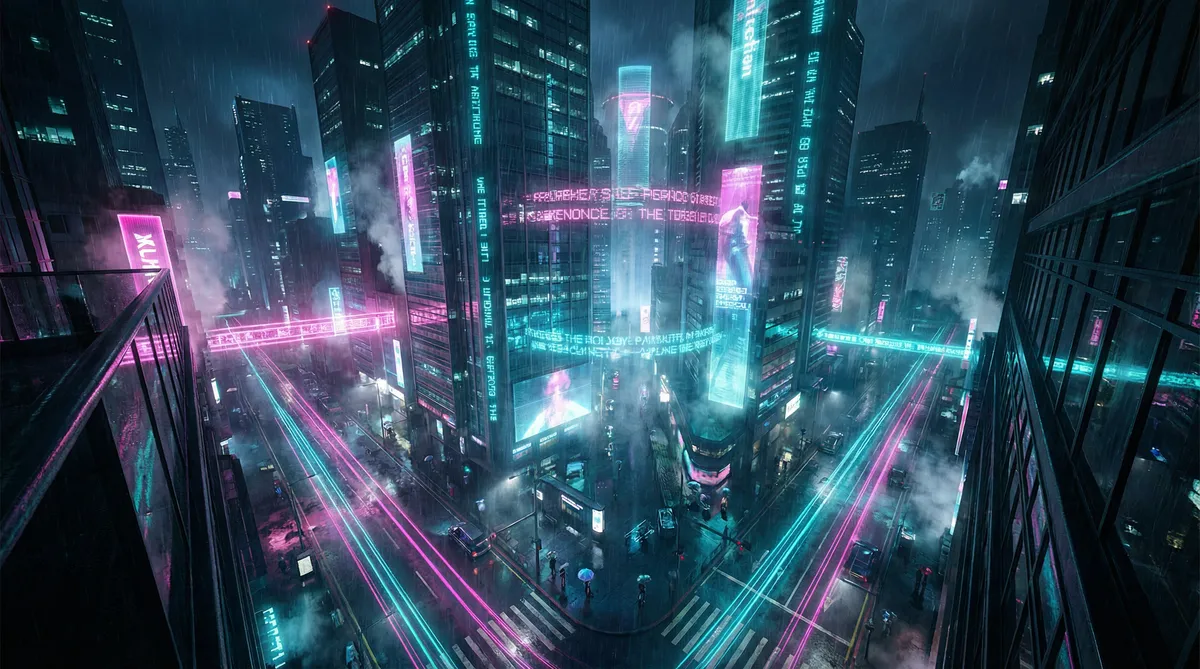 桌面搜索引擎 竖屏短剧平台首页背景 - 赛博朋克都市夜景